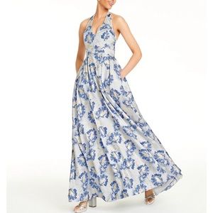 Junior’s Metallic Floral Brocade Halter Gown